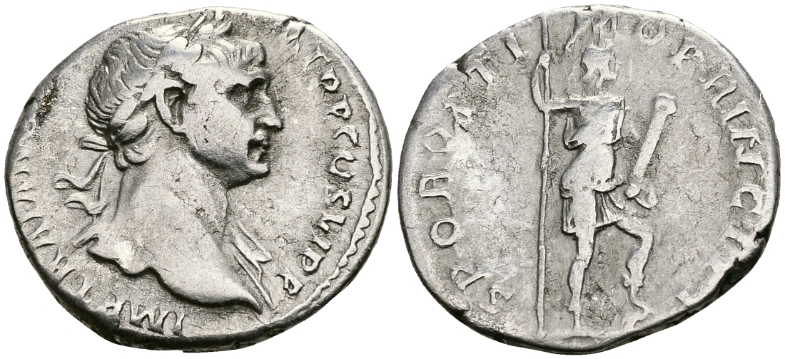 Римская Империя денарий 103 - 104 Траян SPQR OPTIMO PRINCIPI Виртута, персонификация Доблести Рим Very fine RIC 289 серебро 1073-4-43