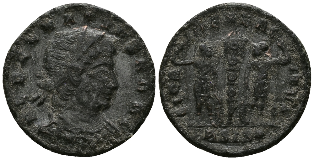 Римская Империя нуммий 337 Делмаций в ранге цезаря GLORIA EXERCITVS Сисция Good Very fine (степень редкости R3) RIC 266 бронза 1073-6-75