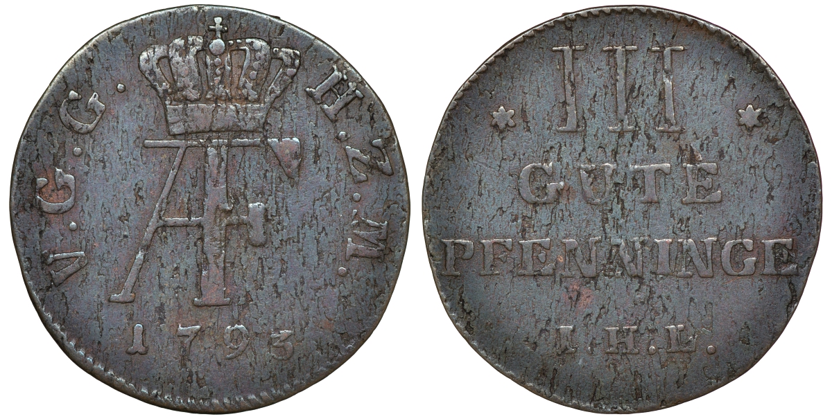 Мекленбург-Стрелиц 3 пфеннига 1793 IHL, Адольф Фридрих IV (1752-1794) KM 75, Kunzel 616, Jaeger 101 медь 4516-365