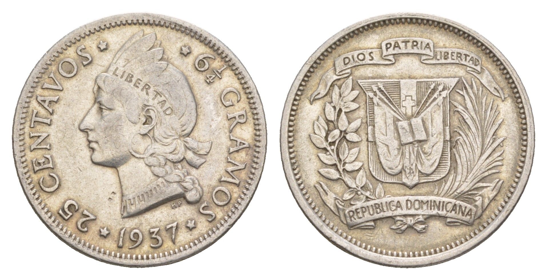 Доминиканская Республика (Доминикана) 25 сентаво 1937 KM 20 серебро 1521-233