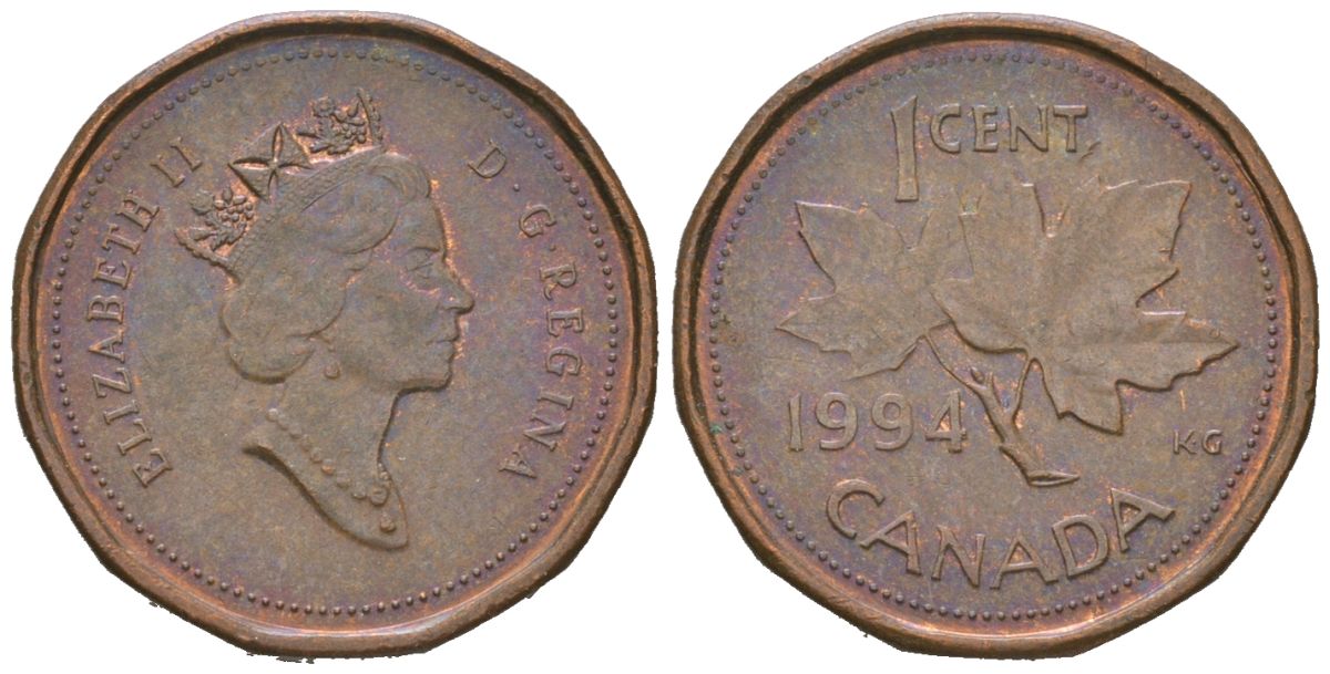 Канада 1 цент 1994 Елизавета II (1952-2022), кленовый лист KM 181 бронза 4383-456