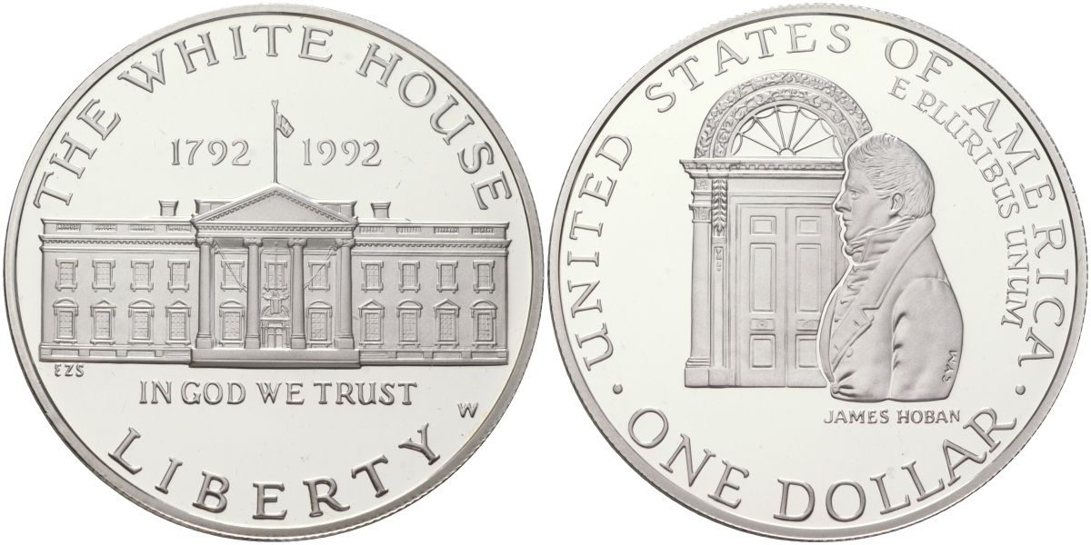 США 1 доллар 1992 W, 200 лет Белому Дому KM 236 серебро PROOF 11-231-54