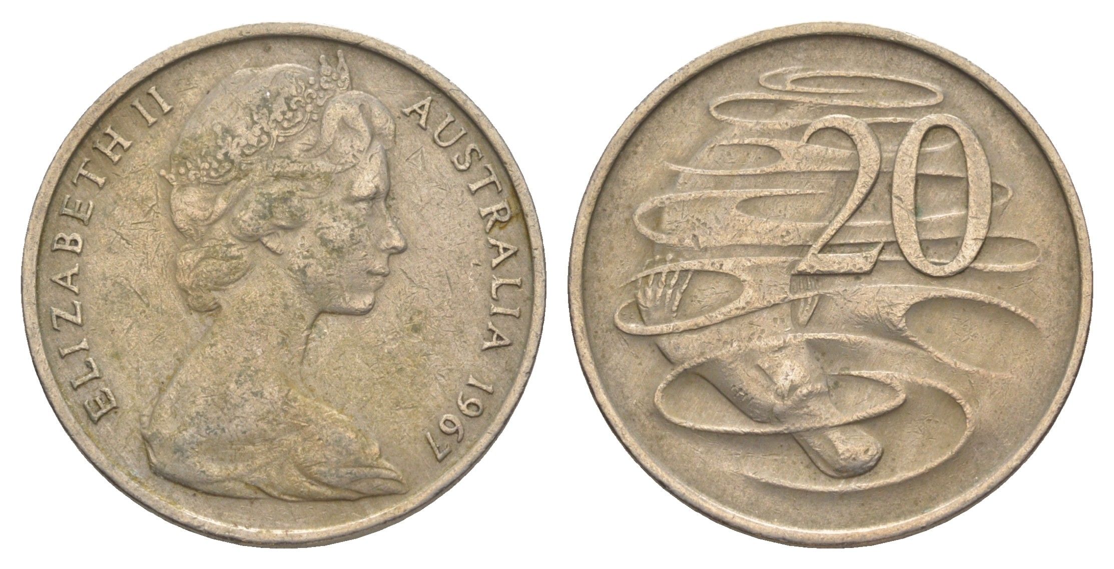 Австралия 20 центов 1967 Елизавета II (1952-2022), утконос KM 66 медно-никель 4384-724