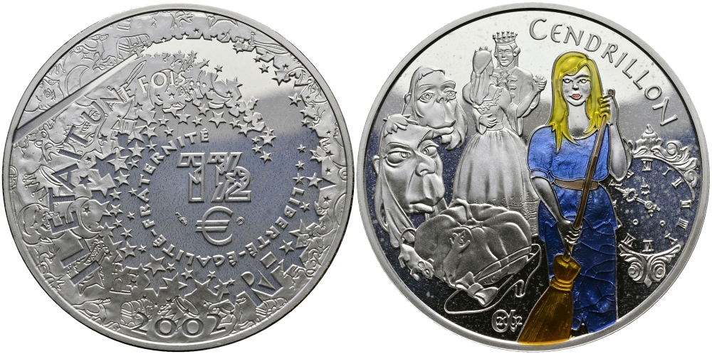 Франция 1 1/2 евро 2002 серия сказки, Золушка, эмаль KM 1841 серебро PROOF 1068-10-42