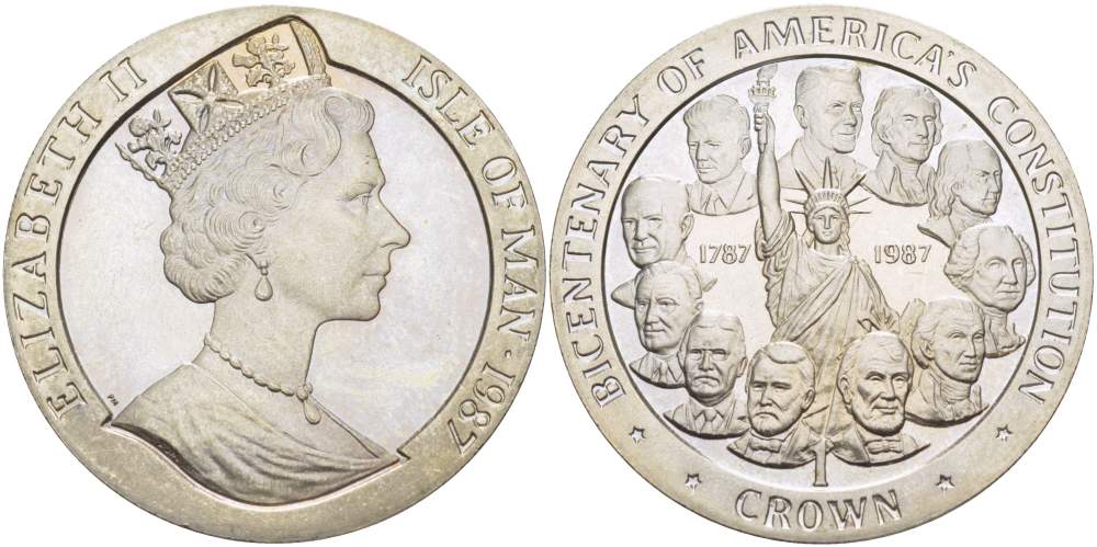 ОСТРОВ МЭН 1 КРОНА 1987 200 ЛЕТ КОНСТИТУЦИИ США, ПОРТРЕТЫ ПРЕЗИДЕНТОВ ВОКРУГ СТАТУИ СВОБОДЫ KM 176 медно-никель UNC 4527-332