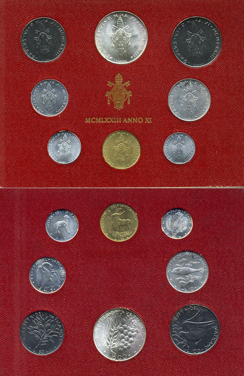 Ватикан набор из 8 монет 1973 1, 2, 5, 10, 20, 50, 100, 500 лир, в оригинальном буклете KM MS77 серебро UNC 8-1-01-20