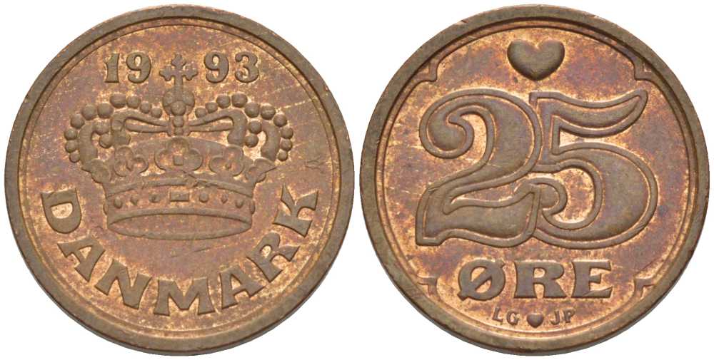 ДАНИЯ 25 ЭРЕ 1993 LG; JP; A, МАРГРЕТЕ II (1972-) KM 868.1 бронза 100-645