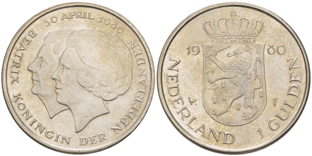 Нидерланды 1 гульден 1980 на коронацию Беатрикс, 30 апреля 1980 KM 200 никель 31-837