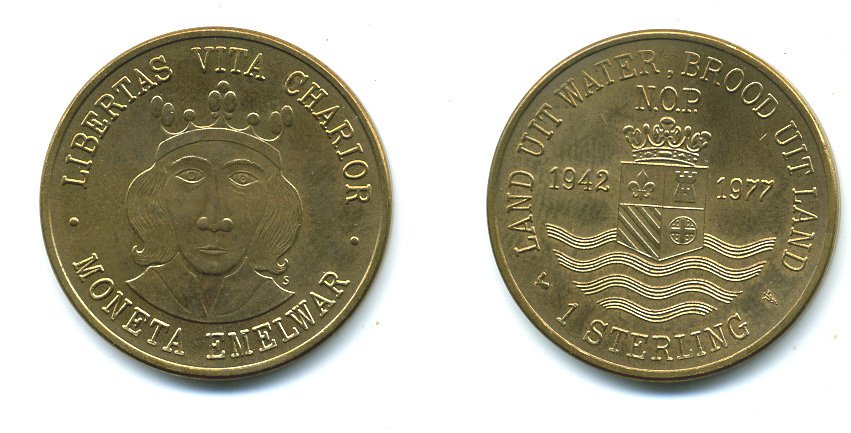 Нидерланды 1 стерлинг 1977 монетовидный жетон Moneta Emelwar 1942-1977  латунь  UNC 25-612