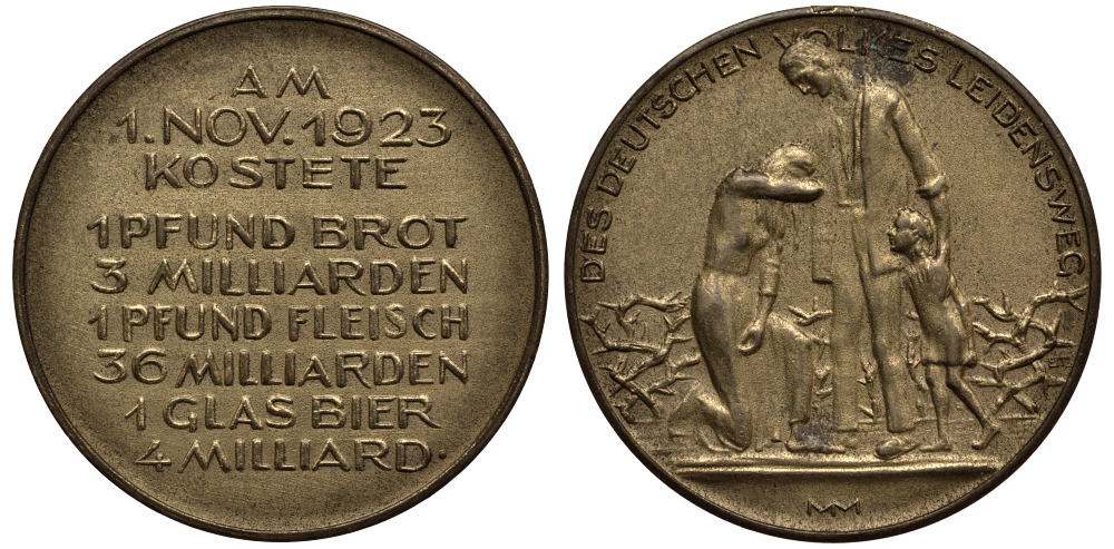 Германия медаль 1923 гиперинфляция, цены на продукты 1 ого ноября в Саксонии, 9,65 гр, 32 мм бронза 413-2823