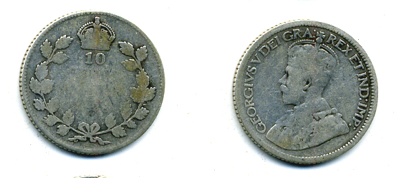 Канада 10 центов 1928 Георг V (1910-1936) KM 23a серебро     46-1135