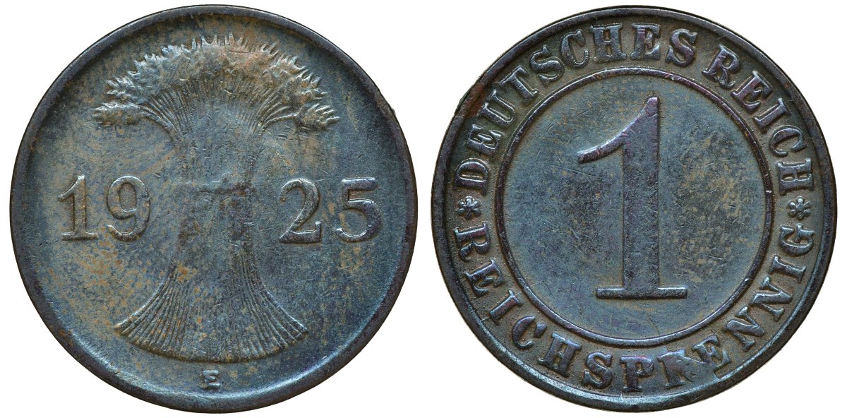 ГЕРМАНИЯ 1 РЕЙХСПФЕННИГ 1925 E KM 37, J. 313 бронза 72-1139