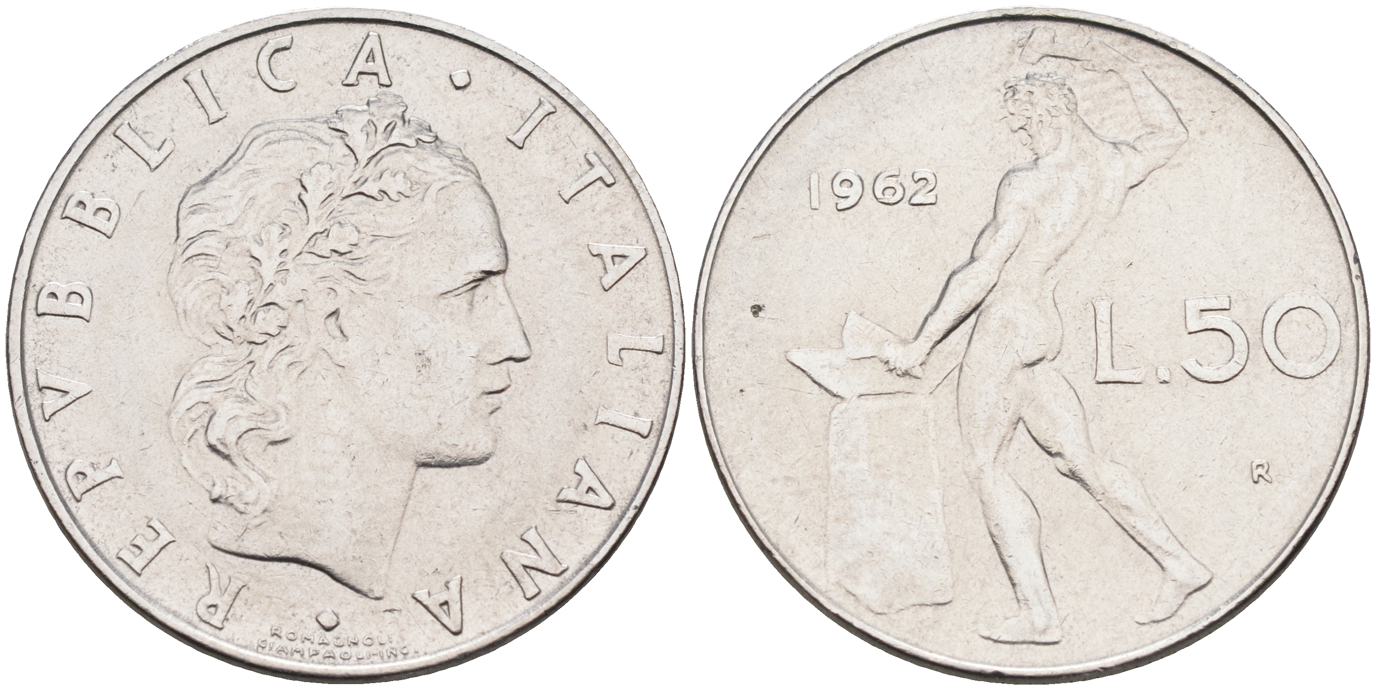 Италия 50 лир 1962 R, бог огня Вулкан у наковальни KM 95.1 нержавеющая сталь 4595-354