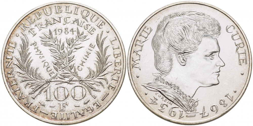 Франция 100 франков 1984 50 лет со дня смерти Марии Кюри KM 955 серебро UNC 4127-131