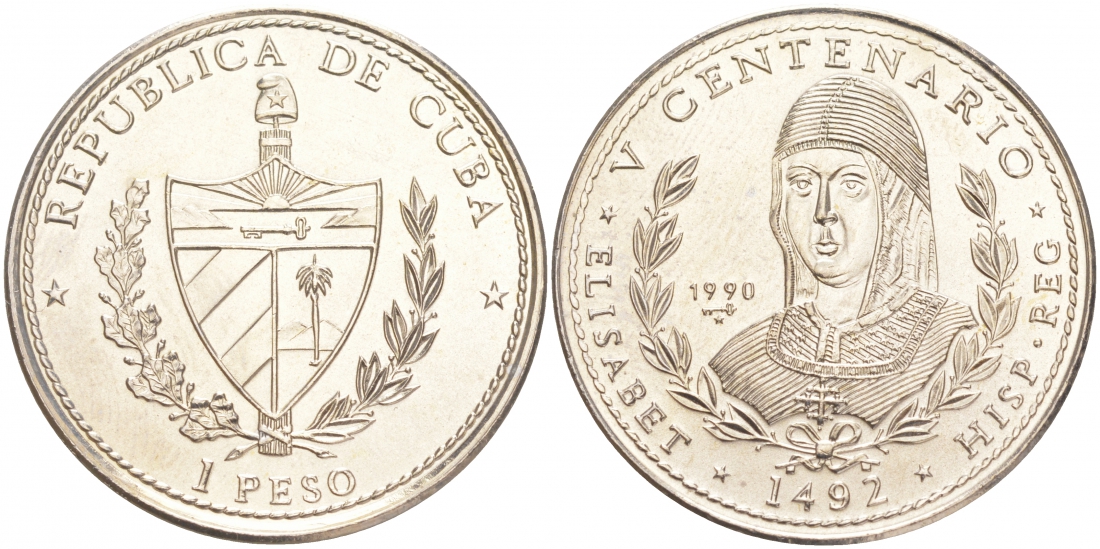 Куба 1 песо 1990 500 лет открытия Америки, королева Изабелла KM 307 медно-никель UNC M21-2