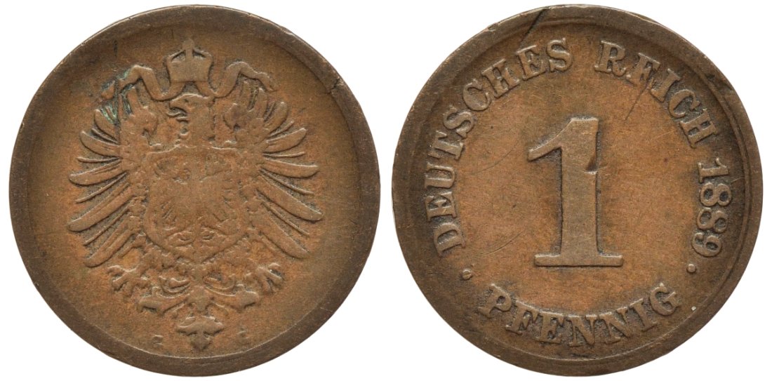 ГЕРМАНИЯ 1 ПФЕННИГ 1889 G, СТАРОГЕРБОВКА KM 1, J. 1, Weege 1 медь 53-548