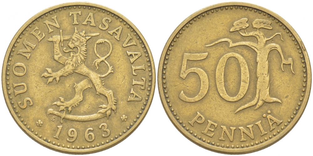 ФИНЛЯНДИЯ 50 ПЕННИ 1963 S КМ 48 алюминиевая бронза 213-1231