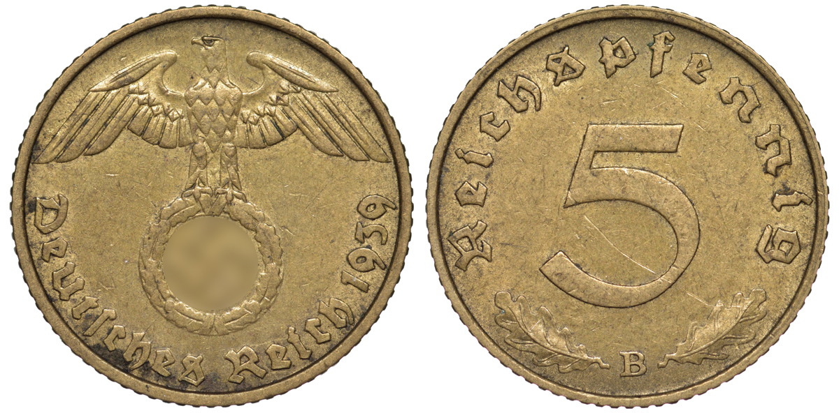 Германия 5 рейхспфеннигов 1939 B KM 91, J. 363 алюминиевая бронза 4602-1264