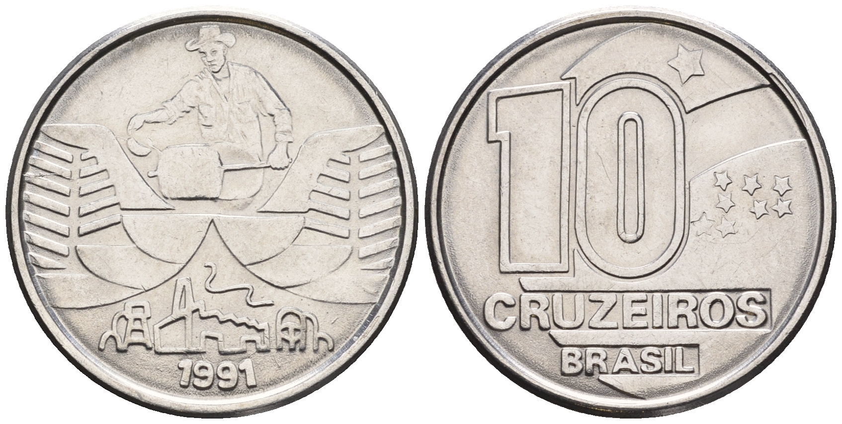 Бразилия 10 крузейро 1991 золотодобыча KM 619.2 нержавеющая сталь 87-143