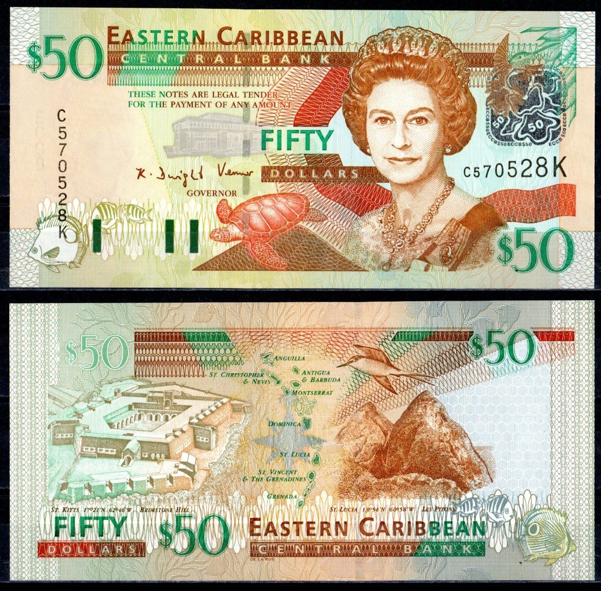 Восточные Карибы 50 долларов 2003 королева Елизавета II (1952-2022). Бримстоун-Хилл Pick 45 k бумага UNC (пресс) 451-370-1