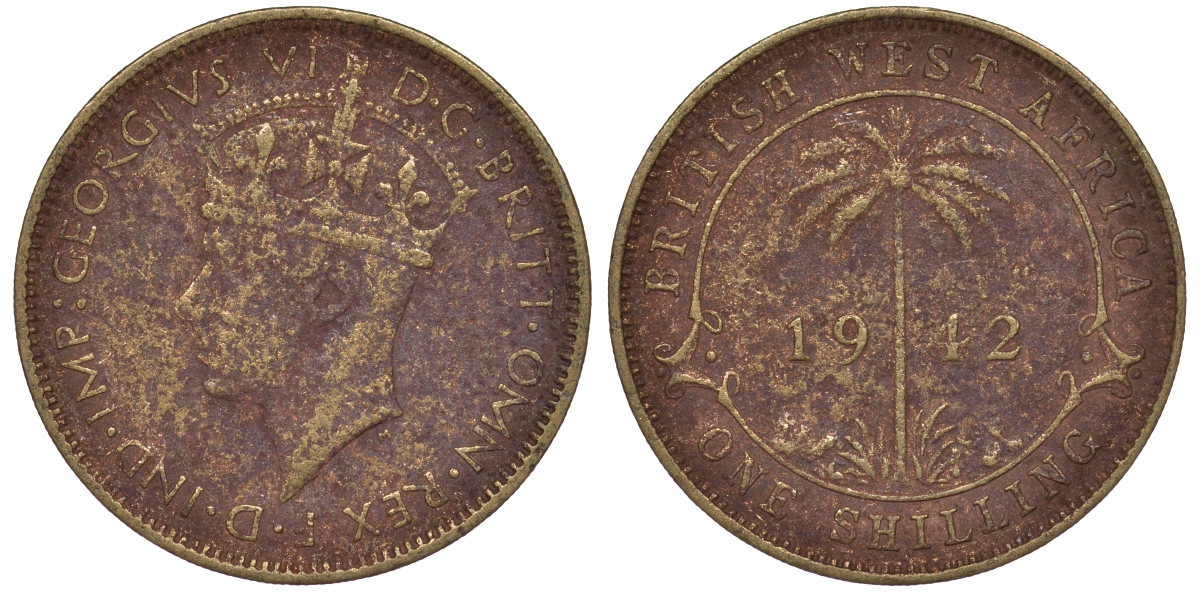 Британская Западная Африка 1 шиллинг 1942 Георг VI KM 23 никель латунь 25-2314
