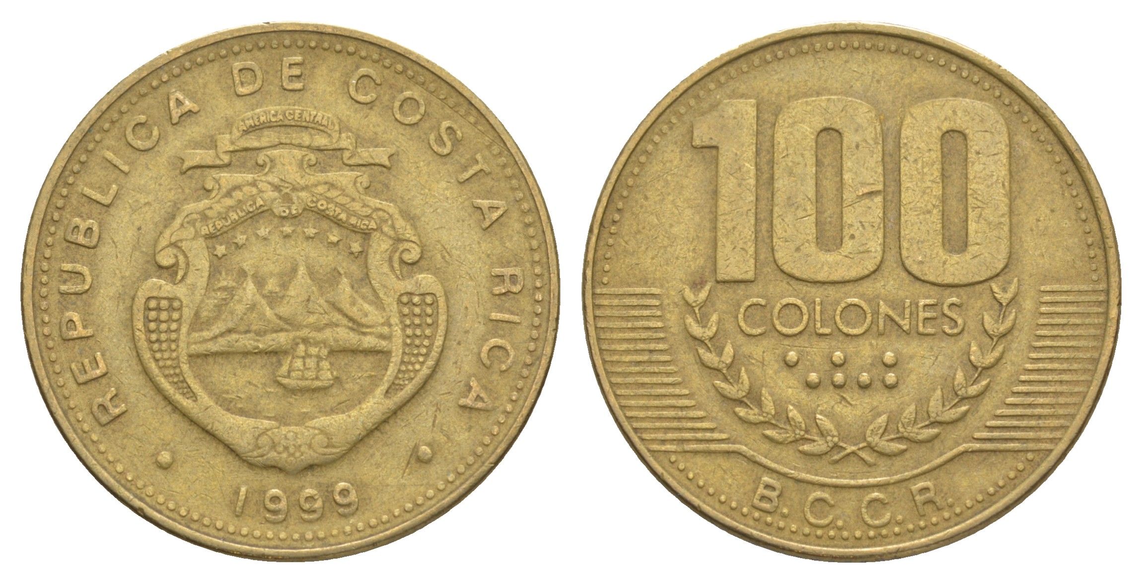 Коста-Рика 100 колонов 1999 KM 230a.1 алюминиевая бронза 4631-425