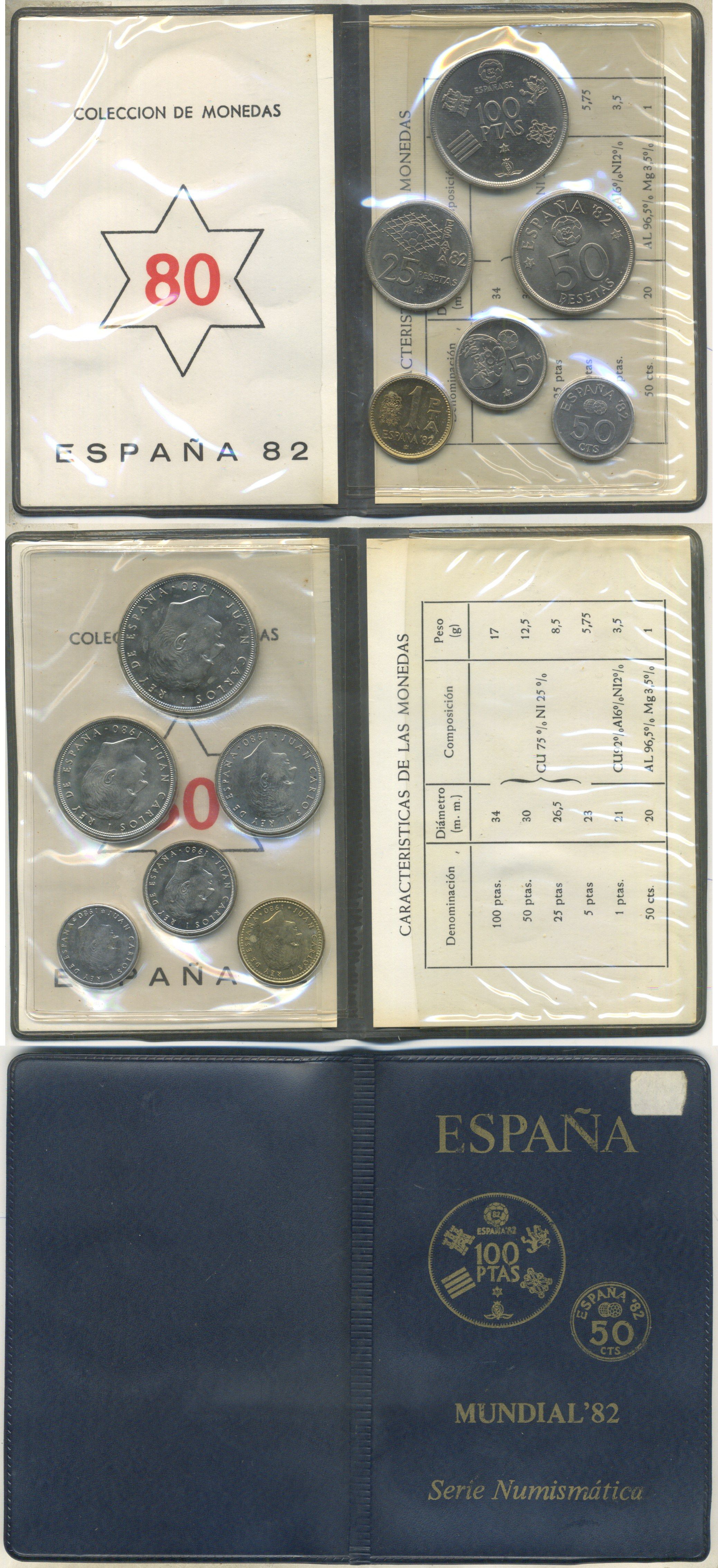 Испания официальный набор из 6 монет (50 сентимов; 1, 5, 25, 50 и 100 песет) 1980 (80) чемпионат мира по футболу в Испании 1982 года KM MS11 (815, 816, 817, 818, 819 и 820) UNC 8-2-06-27
