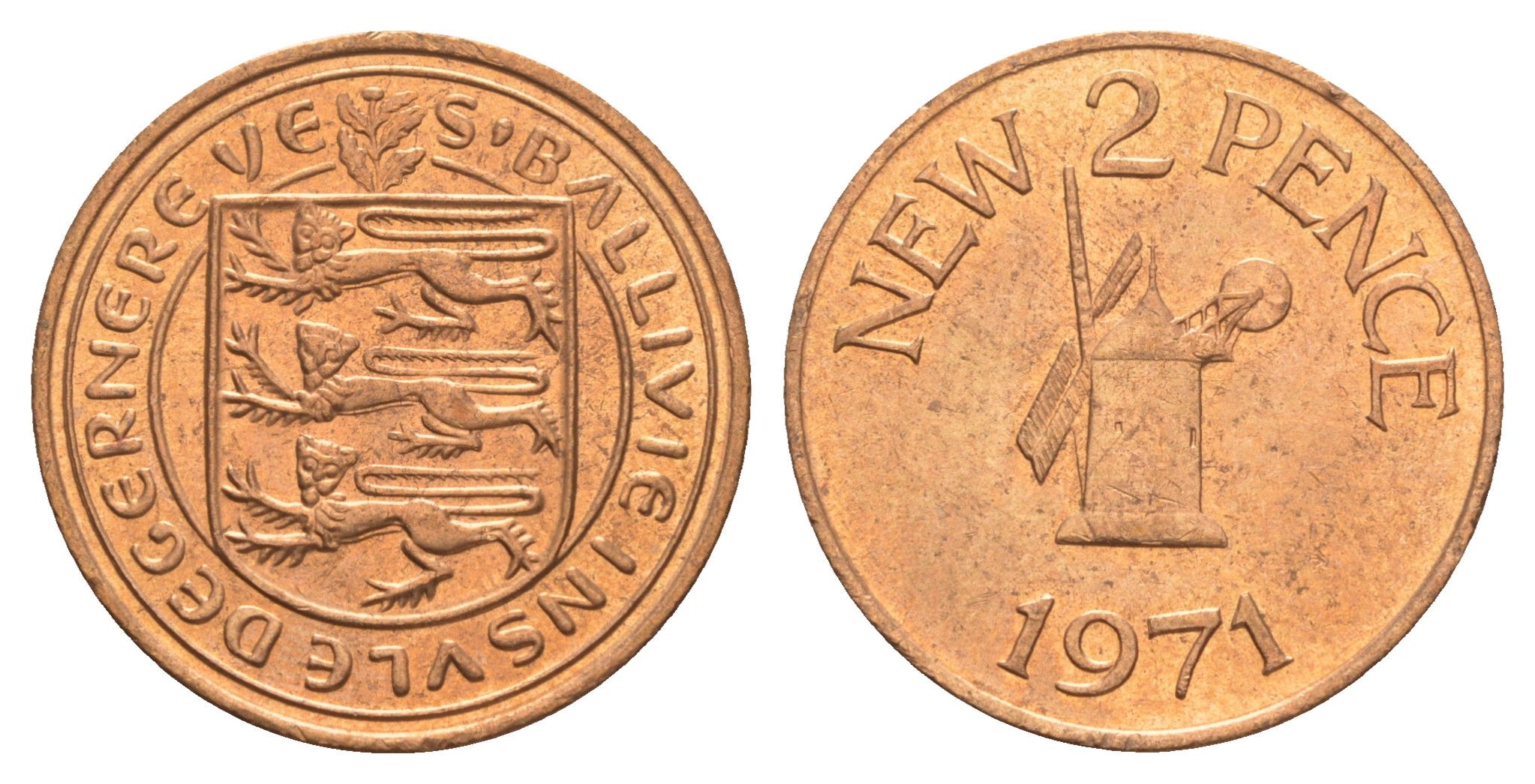 Гернси 2 новых пенса 1971 Елизавета II (1952-2022), ветряная мельница KM 22 бронза UNC 4656-1047
