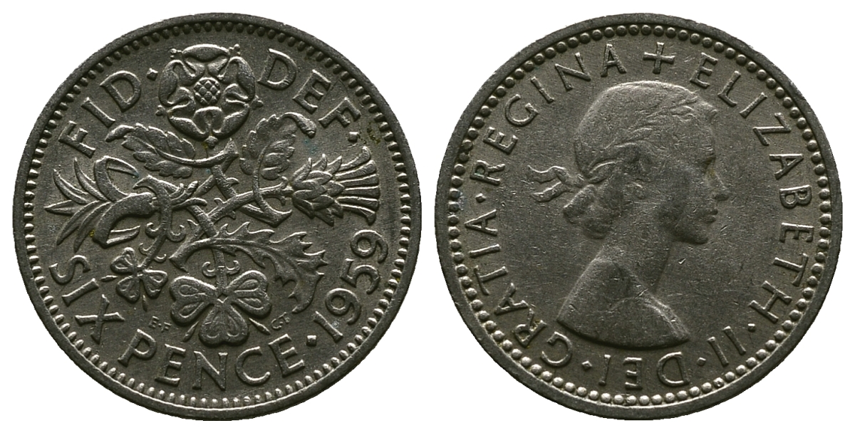 Великобритания 6 пенсов 1959 Елизавета II (1952-2022) KM 903, Spink 4149 медно-никель 4381-715