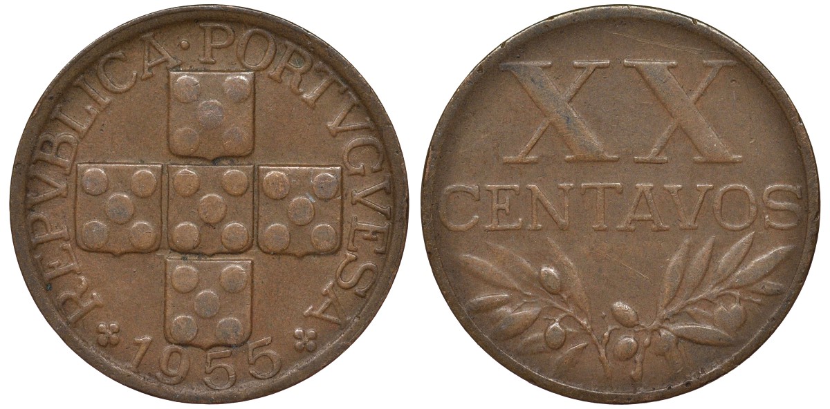 Португалия 20 сентаво 1955 KM 584 бронза 4164-364