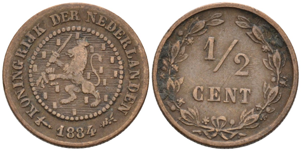 Нидерланды 1/2 цента 1884 Виллем III (1849-1890) KM 109 бронза 4576-261