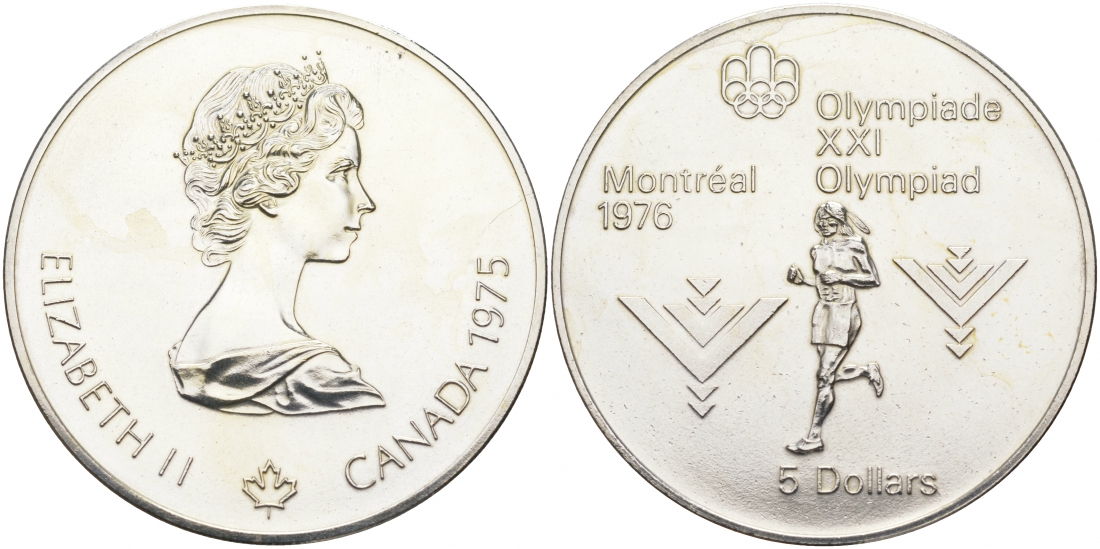Канада 5 долларов 1975 XXI летние Олимпийские игры в Монреале 1976 года, марафон KM 98 серебро UNC 1091-3-12