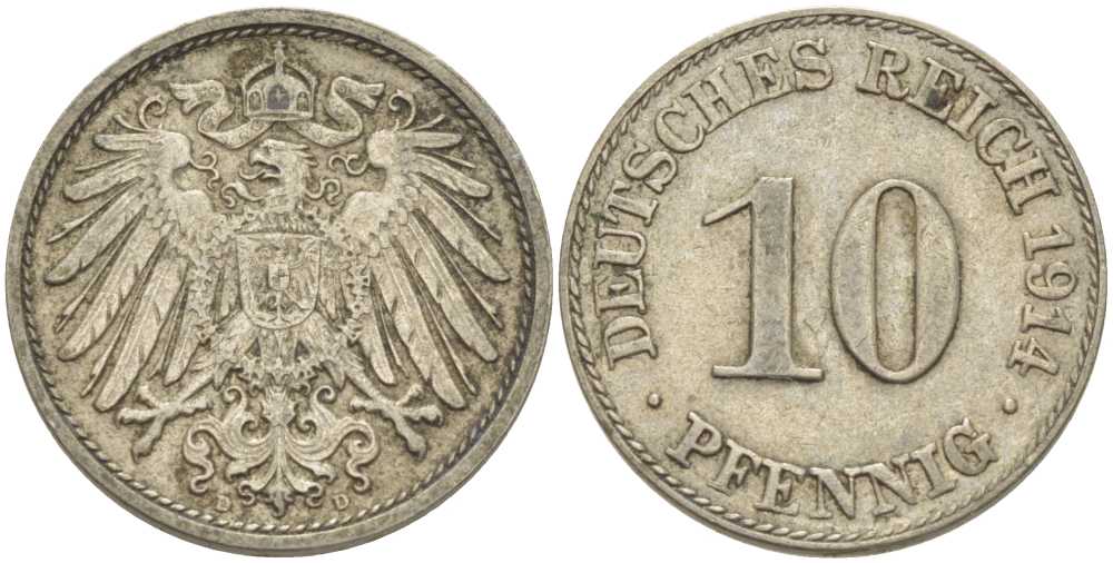 ГЕРМАНИЯ 10 ПФЕННИГОВ 1914 D KM 12, J. 13, Weege 8 медно-никель 212-254