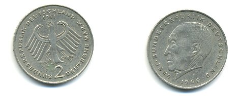 ФРГ 2 МАРКИ 1971 F, КОНРАД АДЕНАУЭР KM 124, J. 406 медно-никель плакированный никелем плакированный никелем 54-2352