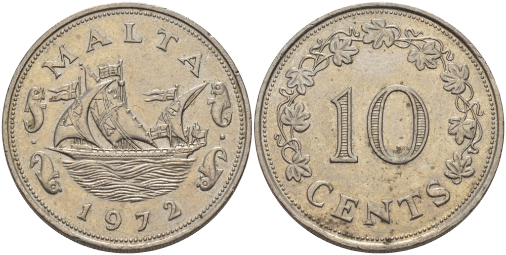 Мальта 10 центов 1972 баржа Великого магистра KM 11 медно-никель 82-523