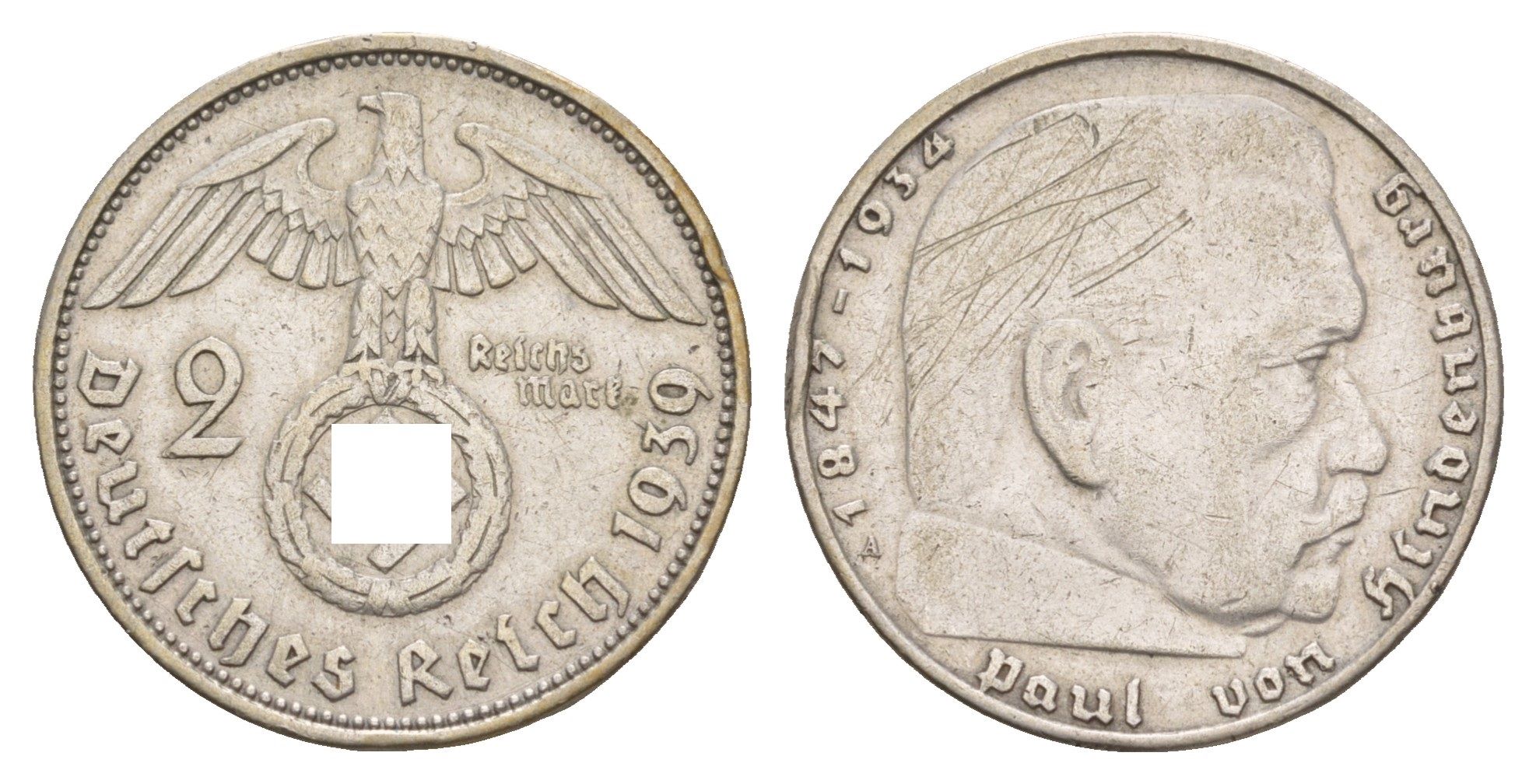 Германия 2 рейхсмарки 1939 A, Гинденбург, символика KM 93 серебро 4654-952