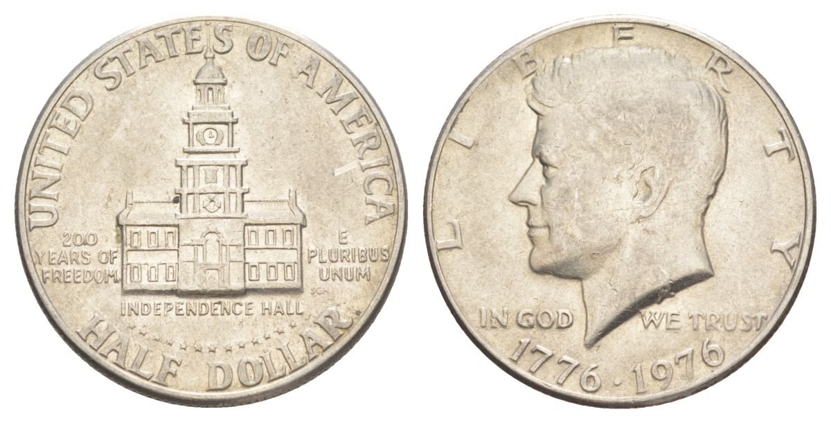 США 1/2 доллара (50 центов) 1976 200 лет независимости, Джон Кеннеди KM 205 медь плакированная медно-никелем aUNC 4545-235