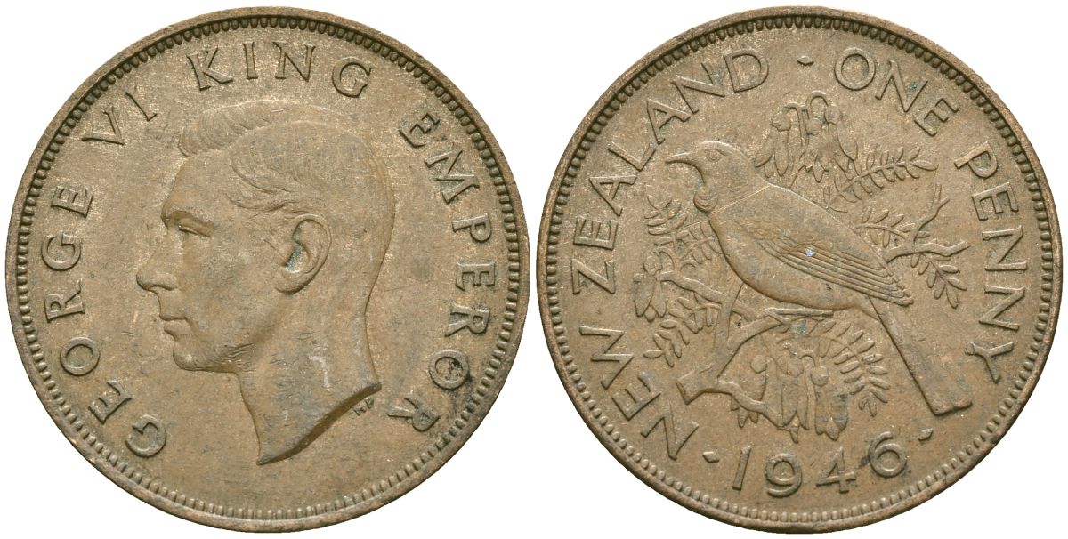 Новая Зеландия 1 пенни 1946 Георг VI (1936-1952), новозеландский туи KM 13 бронза 32-543