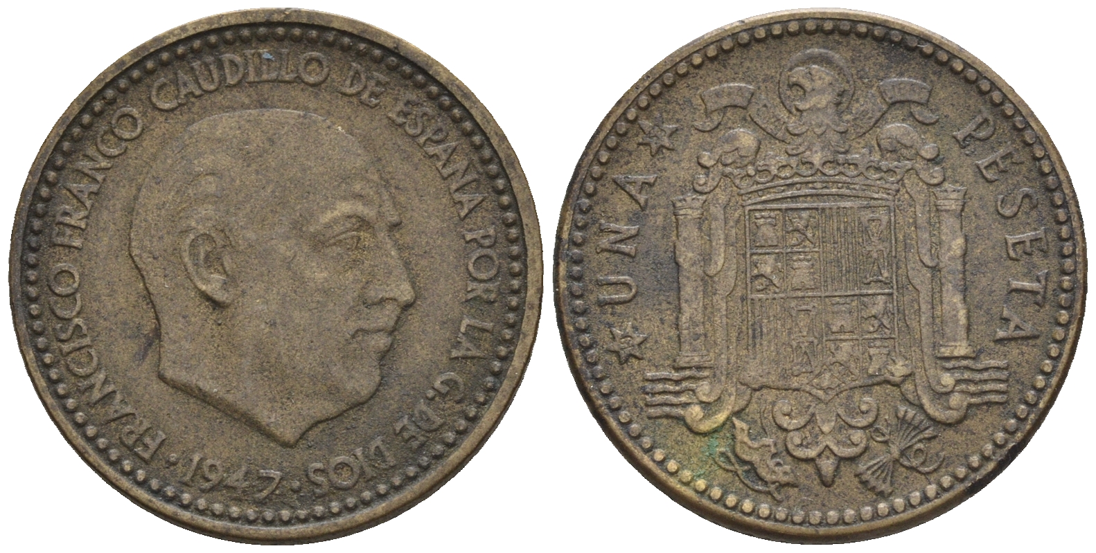 Испания 1 песета 1947 (53) Франсиско Франко (1939-1975) KM 775 алюминиевая бронза 85-644