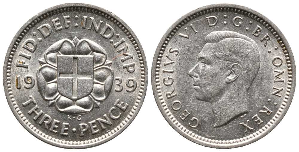 Великобритания 3 пенса 1939 Георг VI (1936-1952) KM 848, Spink 4085 серебро aUNC 214-1069