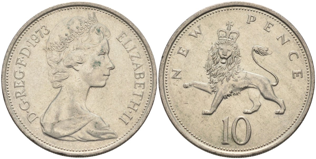 Великобритания 10 пенсов 1973 Елизавета II (1952-2022) KM 912, Spink 4231 (F1) медно-никель 81-1223