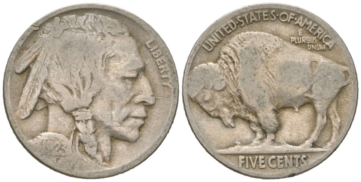 США 5 центов 1923 индеец, бизон KM 134 медно-никель 4614-1049