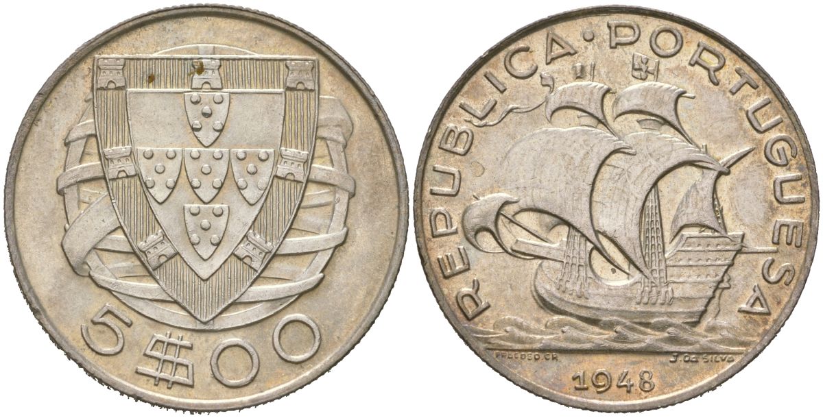 Португалия 5 эскудо 1948 KM 581 серебро aUNC 4579-116