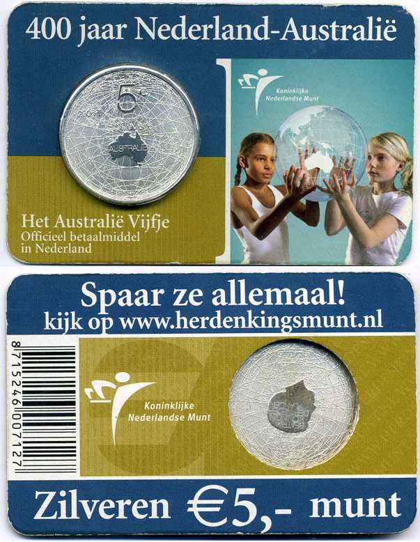 Нидерланды 5 евро 2006 400 лет открытия Австралии в 1606 году голландским капитаном Биллемом Янсоном, в оригинальном буклете KM 255 серебро UNC 2-5-2-41