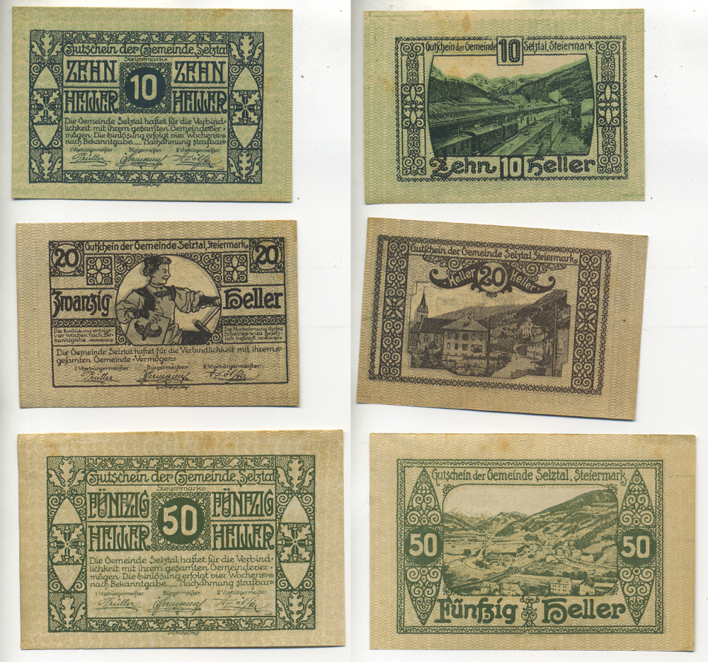 Австрия набор из 3 банкнот 1920 нотгельд, 10, 20, 50 геллеров, SELZTAL   бумага  XF 7555-5-2-1