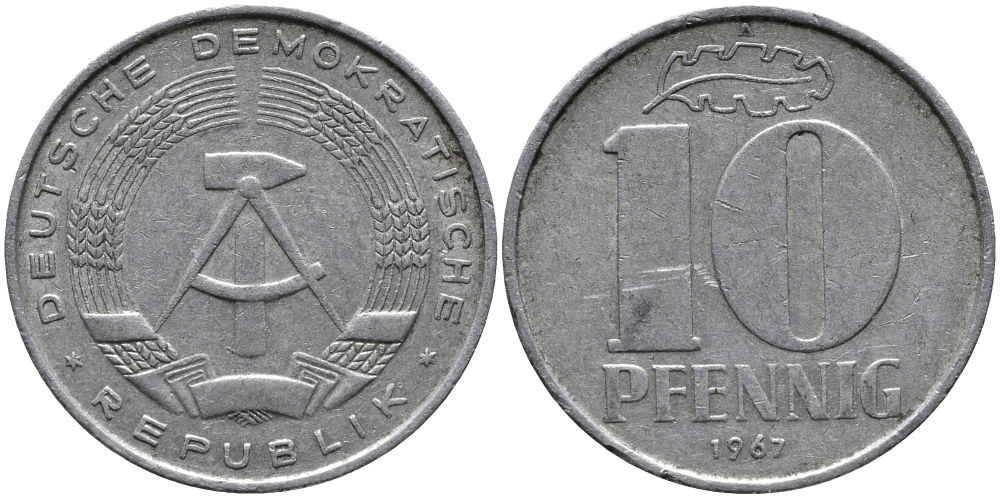 ГДР 10 ПФЕННИГОВ 1967 А KM 10 алюминий 33-322