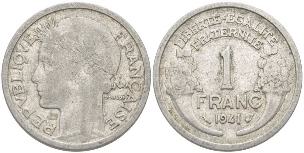 ФРАНЦИЯ 1 ФРАНК 1941 ТИП MORLON, LEGERE KM 885a.1, LE FRANC 221.2 алюминий 202-333