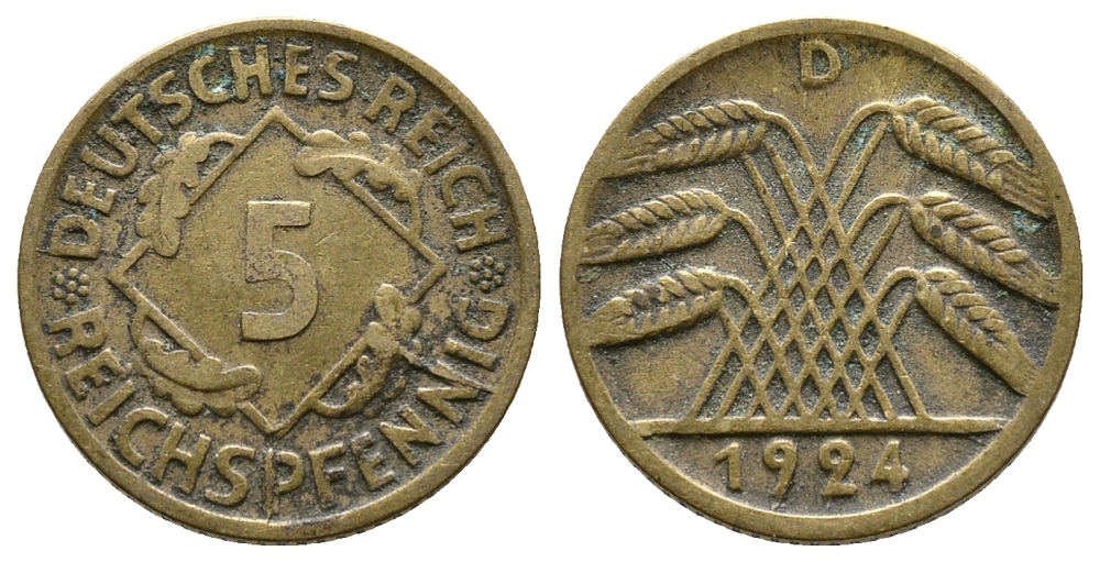 ГЕРМАНИЯ 5 РЕЙХСПФЕННИГОВ 1924 D KM 39, J. 316 алюминиевая бронза 4380-1022