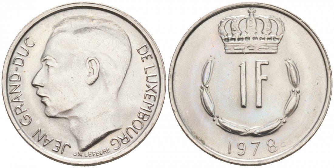 ЛЮКСЕМБУРГ 1 ФРАНК 1978 ВЕЛИКИЙ ГЕРЦОГ ЖАН (1964-2000) KM 55 медно-никель UNC 68-616