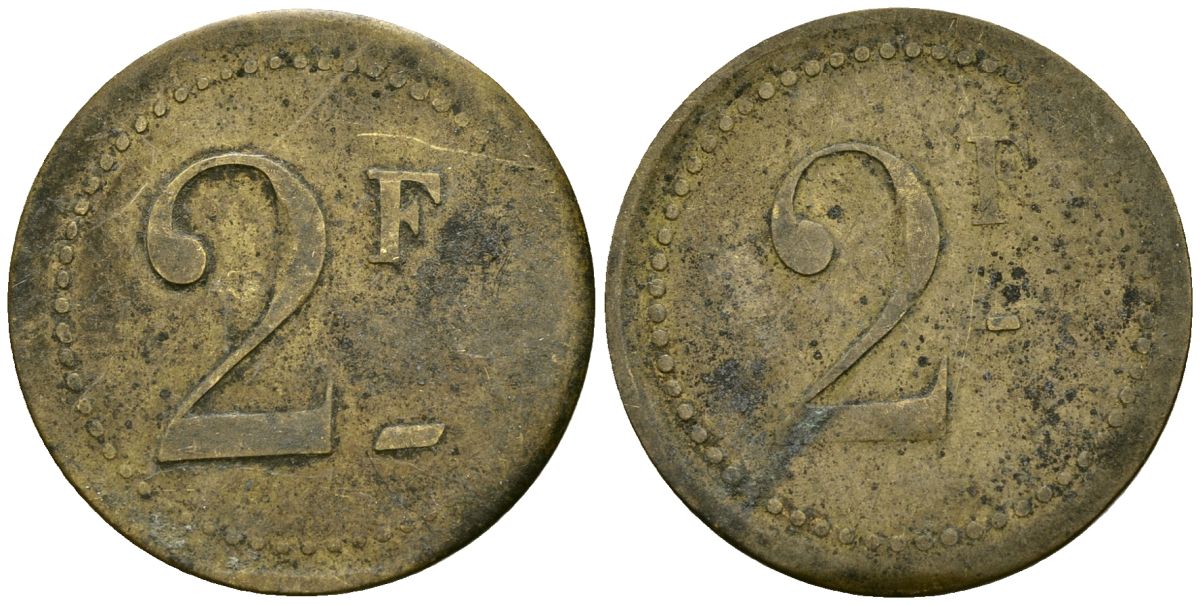 Франция 2 франка XIX-XX век ресторанный жетон латунь 4166-942